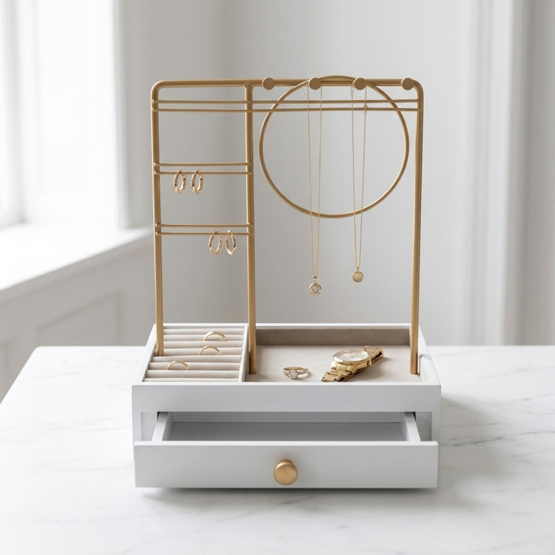 UNIQ Gold Jewelry Stand with Drawer (29 cm) - Earring & Necklace Organizer