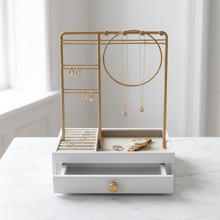 UNIQ Gold Jewelry Stand with Drawer (29 cm) - Earring & Necklace Organizer