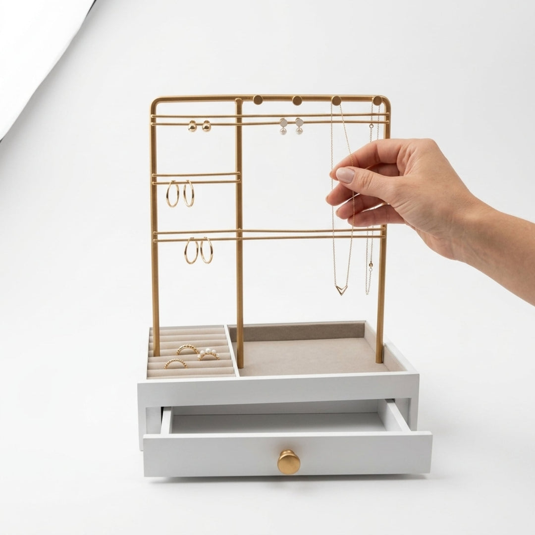 UNIQ Gold Jewelry Stand with Drawer (29 cm) - Earring & Necklace Organizer