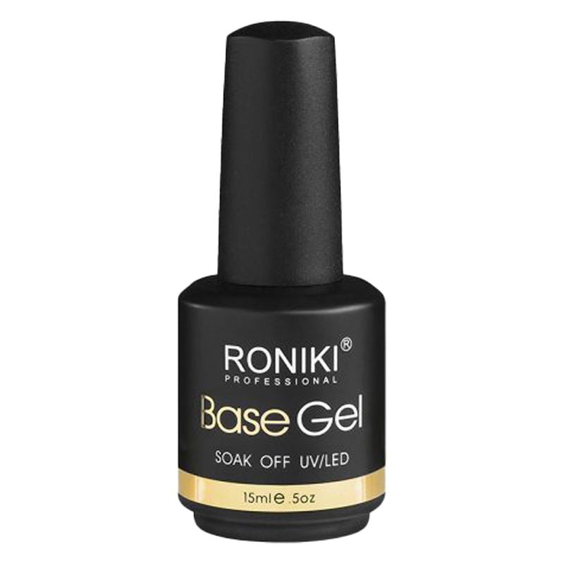 A black 15ml bottle of RONIKI Professional Base Gel, labeled Soak Off UV/LED with a gold band—ideal for pairing with the UNIQ Nail Starter Kit: Complete Gel Nail Set with 80W UV/LED Dryer.