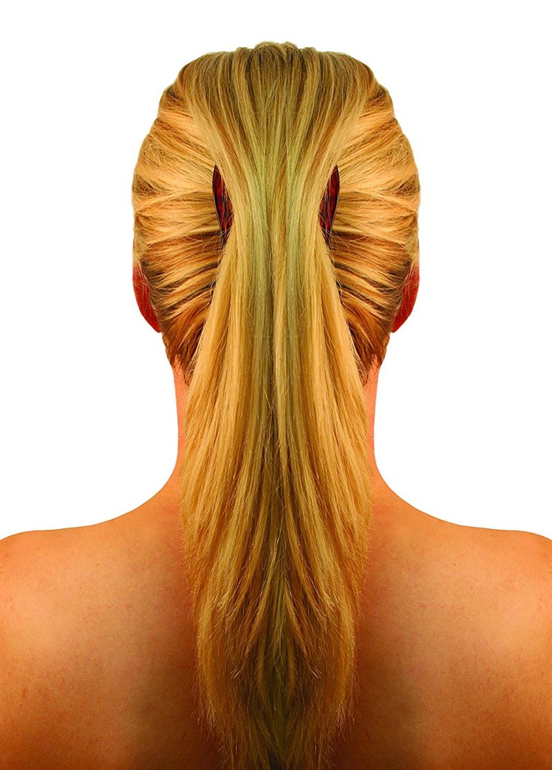 A person with long blonde hair styled in a twisted half-up, half-down look, secured with the SOHO Banana Interlocking Hair Claw - tortoise and another clip, shown from the back against a white background.