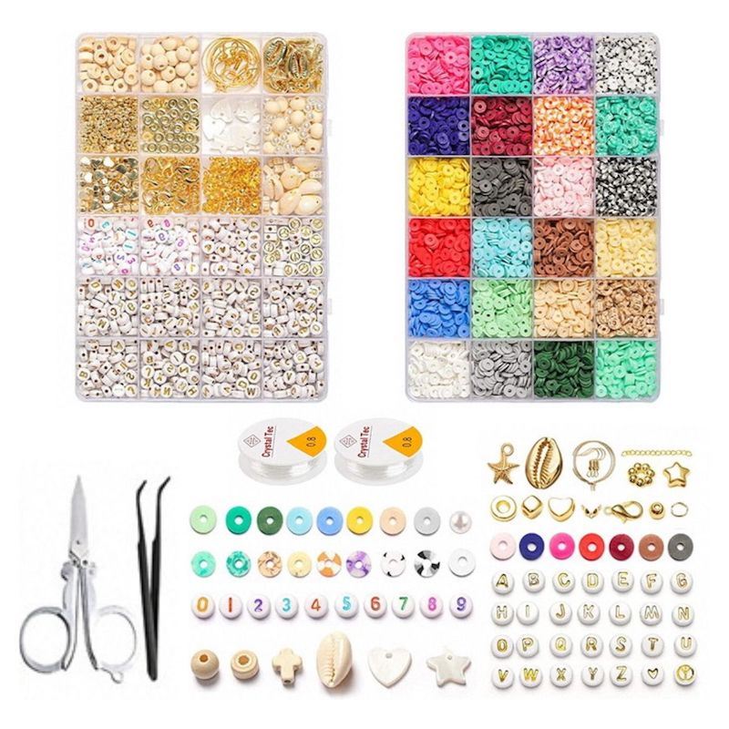 The Fashiongirl Clay Beads / Heishi Beads Bohemian Kit includes 6000 assorted beads, string spools, scissors, tweezers, letter beads, charms, and more—everything you need to craft unique bohemian jewelry.