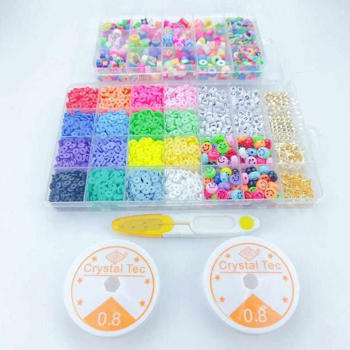 The Fashiongirl Clay Beads / Heishi Beads Fimo Kit - KREA DIY Jewellery Kit includes 4500 colorful beads in various shapes, organized compartments, tweezers, and two spools of 0.8 mm Crystal Tec stretchy string for easy jewelry making.