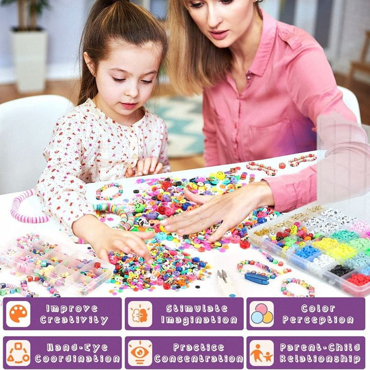 An adult and child create crafts at a table with Fashiongirl’s Clay Beads / Heishi Beads Fimo Kit – KREA DIY Jewellery Kit (4500 pcs). Colorful beads and finished bracelets are displayed, highlighting creativity, focus, and parent-child bonding.