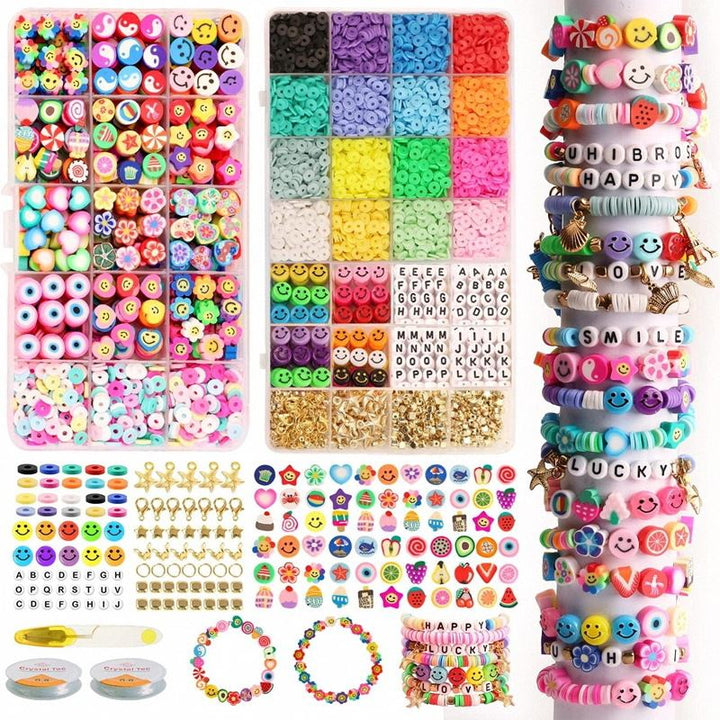 The Fashiongirl Clay Beads / Heishi Beads Fimo Kit - KREA DIY Jewellery Kit includes 4500 colorful beads, smiley faces, letters, and accessories for making jewellery. Several completed bracelets and two beaded rings are shown.
