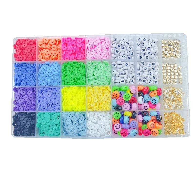 The Fashiongirl Clay Beads / Heishi Beads Fimo Kit - KREA DIY Jewellery Kit includes 4500 colorful beads—round, letter, gold, smiley face, and Fimo—in a 24-compartment organizer, perfect for jewellery making and crafts.