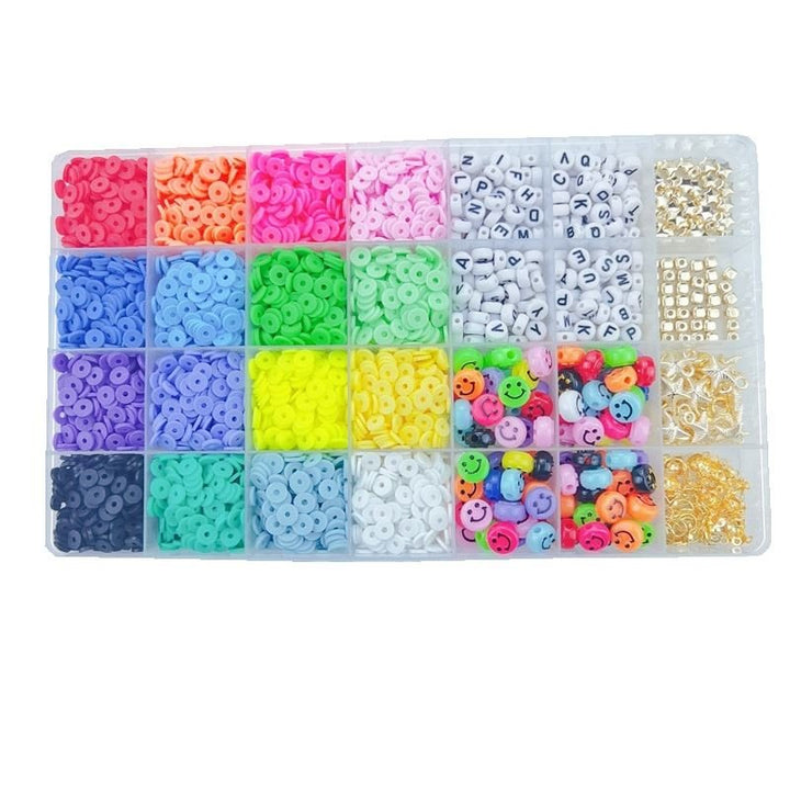 The Fashiongirl Clay Beads / Heishi Beads Fimo Kit - KREA DIY Jewellery Kit includes 4500 colorful beads—round, letter, gold, smiley face, and Fimo—in a 24-compartment organizer, perfect for jewellery making and crafts.