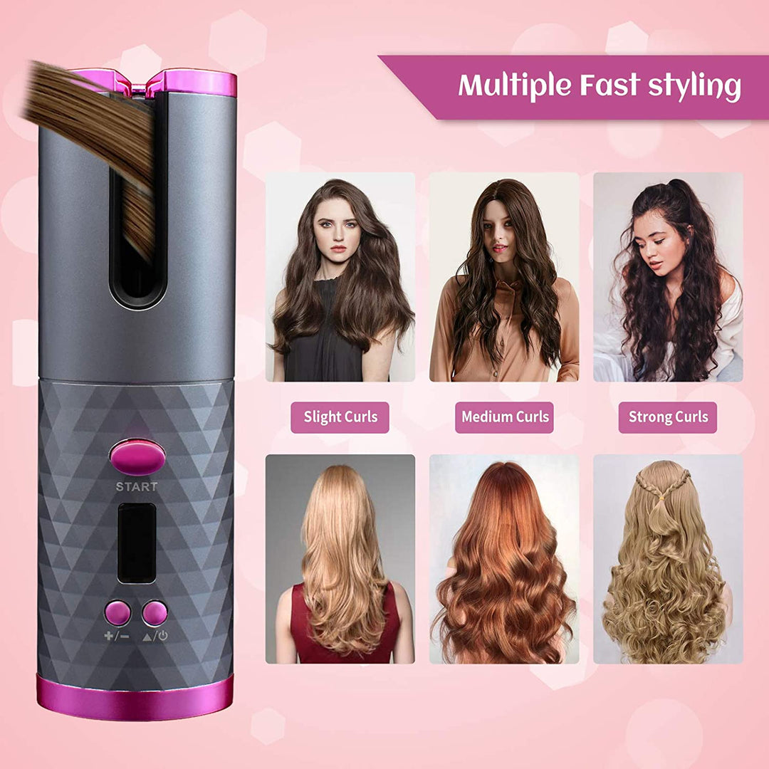 The Fashiongirl Cordless Curling Iron - Cordless Automatic Hair Curler is shown styling brown hair, with women displaying slight to strong curls. Text reads Multiple Fast Styling—effortless versatility for every curl type.