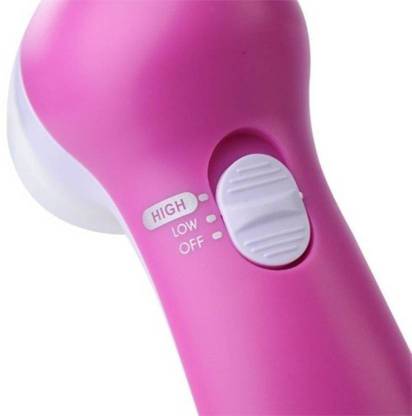 Close-up of the Fashiongirl Facial Brush 5-in-1 | Facial Brush Cleanser, a pink handheld electric device with a white sliding switch (HIGH, LOW, OFF), perfect for skin care as a face brush or massager.