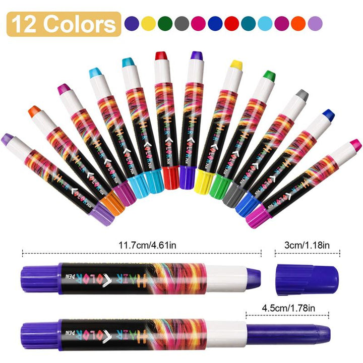 Twelve UNIQ Hair Chalk Color Pens, featuring vibrant colored caps and black barrels with a colorful design, are arranged in a semicircle above two horizontally placed pens with measurements. Text reads “12 Colours.”.