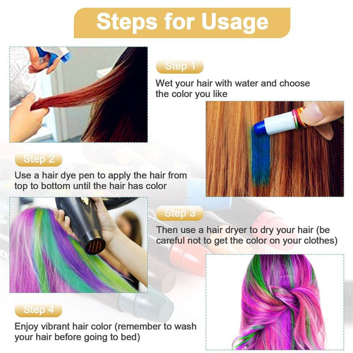 Follow four easy steps with the UNIQ Hair chalk - Vibrant Hair Chalk Color Pen set (12 colours): wet hair, apply from root to tip, dry with a hairdryer, and enjoy vibrant color! Photos show each step creating a rainbow look.