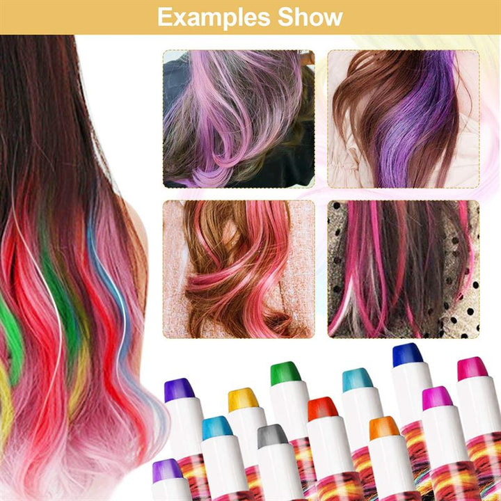 The UNIQ Hair chalk - Vibrant Hair Chalk Color Pen set (12 colours) is shown with assorted washable chalks below, and four photos above display bright, temporary streaks—pink, purple, green, red, and blue—on dark hair.