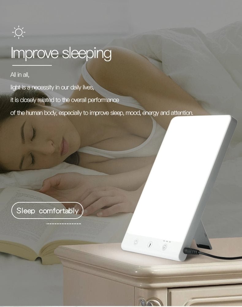 A woman sleeps beside the Fashiongirl Light Therapy Lamp 10,000 lux LED on her bedside table. Text reads “Improve sleeping” and highlights better sleep, mood, energy, focus, and relief from winter blues with artificial daylight.