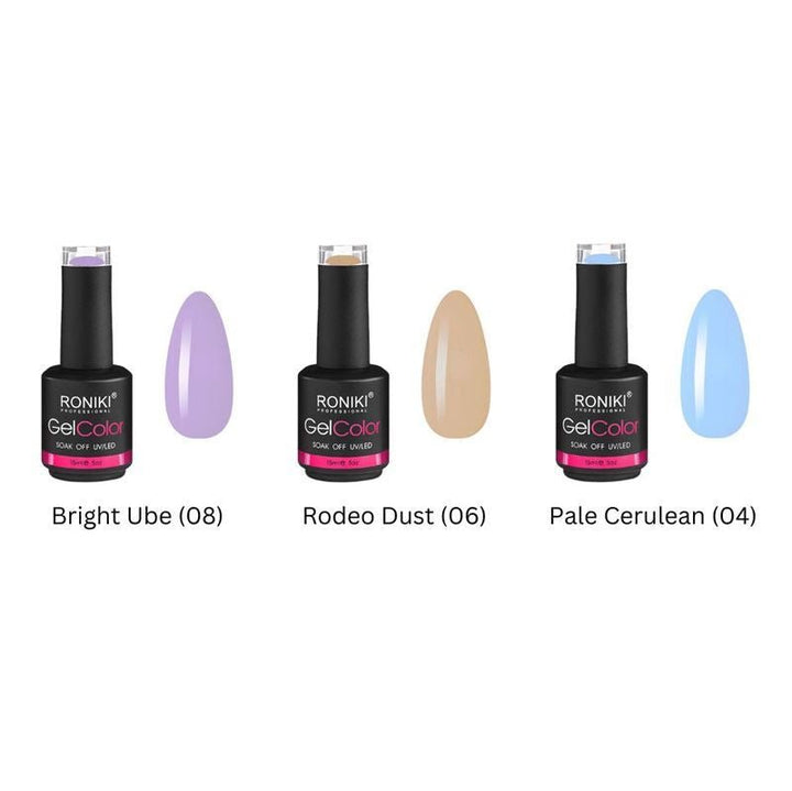 Three RONIKI Gel Color polishes—Bright Ube (08), Rodeo Dust (06), and Pale Cerulean (04)—are perfect for gel nails and make a great addition to the UNIQ Nail Starter Kit: Complete Gel Nail Set with 80W UV/LED Dryer by UNIQ.