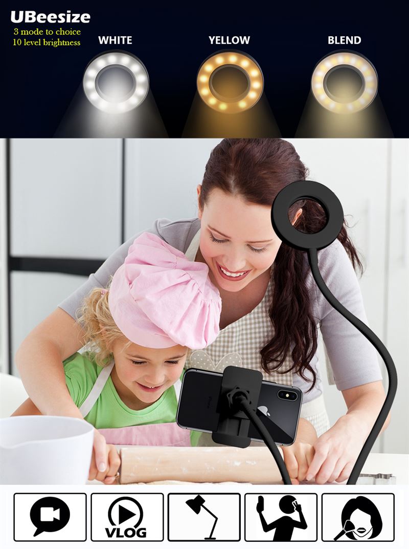 A woman and child smile using the UNIQ Selfie Ring Light with LED brightness control and flexible arms. The top displays three light modes—white, yellow, blend—and icons for vlogging, selfies, recording, and shake-free shooting. Perfect for streaming!.