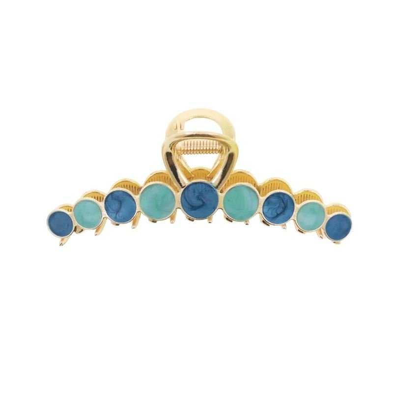 The SOHO Becca Hair Claw - Ocean by SOHO features a gold metal design with alternating round blue and turquoise stones along the edge, ideal for securing your hairstyle.