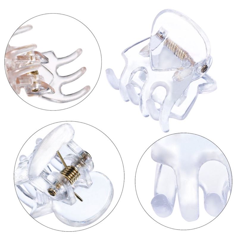 SOHO Lucca Mini Hair Claws - Transparent by SOHO shown from various angles with close-ups of the spring, curved clasp teeth, and sleek clear material—ideal mini hair claws for easy, effortless style.