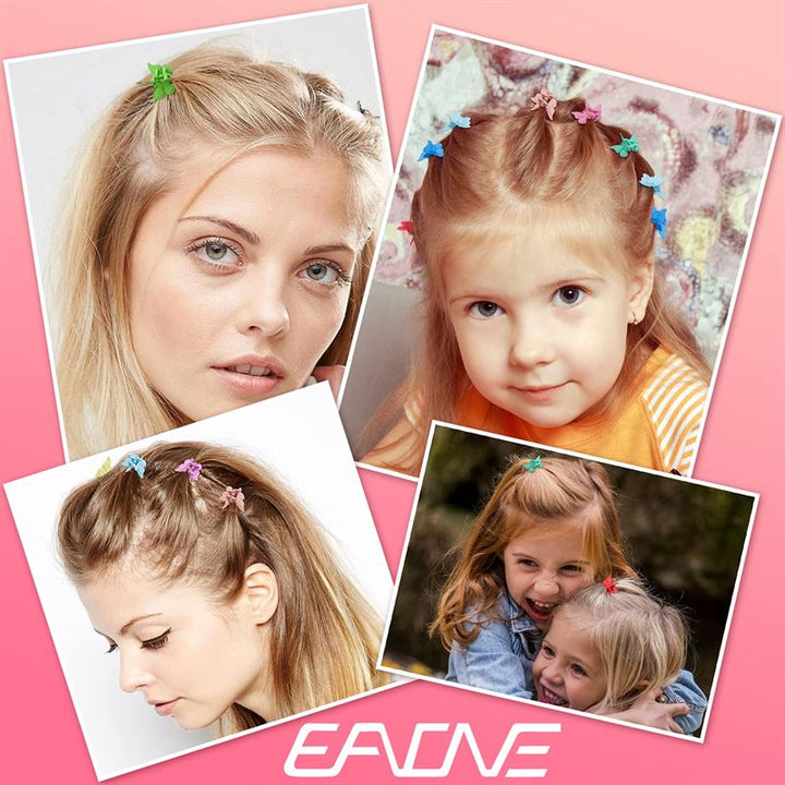 A collage of women and girls with blonde hair styled using SOHO Mini Butterfly Hair Claws—50 pcs in multicolour—smiling and posing. The SOHO logo is displayed at the bottom of the image.