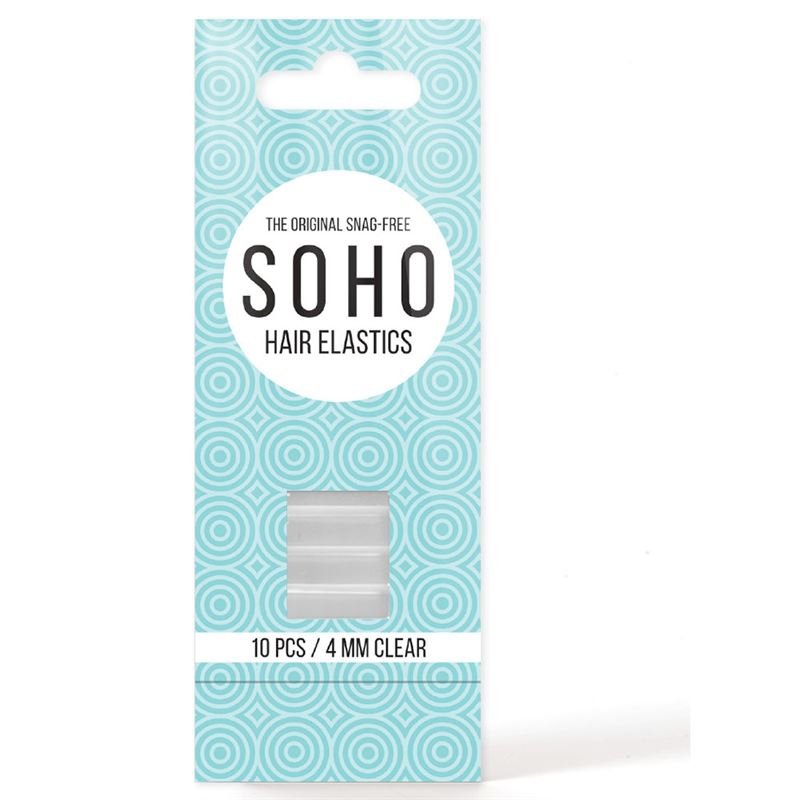 SOHO Snag-Free Hair Elastics - 10 pcs in transparent, 4mm thick, come in light blue packaging with a circular pattern and viewing window. Strong, elastic, and gentle on all hair types.