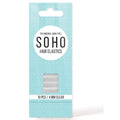 SOHO Snag-Free Hair Elastics - 10 pcs in transparent, 4mm thick, come in light blue packaging with a circular pattern and viewing window. Strong, elastic, and gentle on all hair types.