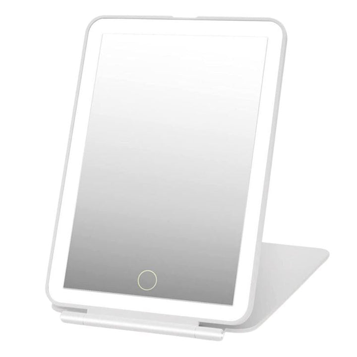 The UNIQ Foldable LED Makeup Mirror by UNIQ features a white frame, built-in light border, circular touch button, and foldable support. Rechargeable and travel-friendly, its the perfect beauty companion on the go.