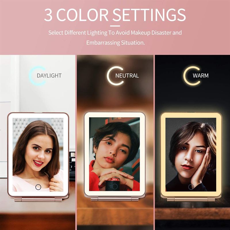 A split image shows three women using the UNIQ Foldable LED Makeup Mirror—rechargeable and travel-friendly—with 3 color settings: daylight, neutral, and warm, for flawless makeup. Text above explains how to choose your perfect lighting.