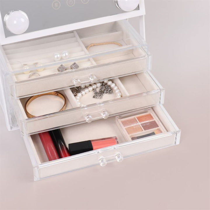 UNIQ Glasgow Vanity Makeup Mirror with 6 LED Bulbs and 3 Jewellery Storage Drawers - | Fashiongirl