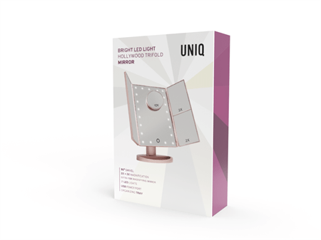 UNIQ Hollywood Makeup Mirror Trifold mirror with LED light, RoseGold - | Fashiongirl