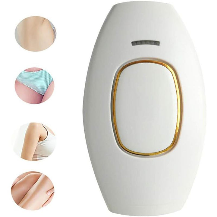 The UNIQ IPL Hair Removal Device offers smooth, pain-free permanent hair reduction at home with 600,000 flashes—shown in white with a gold-edged button and ideal for underarms, legs, and bikini line.