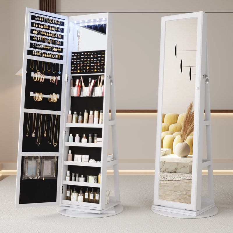 UNIQ Jewellery Cabinet with Mirror - Elegant Rotating Wooden Jewellery Storage with Doors and Large Mirror (55 cm) - | Fashiongirl