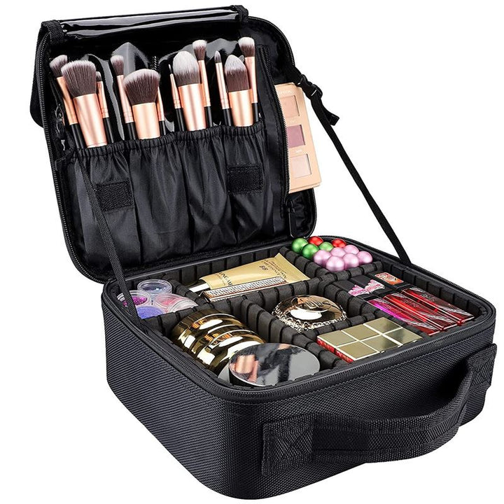 The UNIQ makeup travel bag, a black cosmetic and toiletry bag by UNIQ, features adjustable compartments to neatly organize brushes, palettes, powders, eyeshadows, lipsticks, compacts, and other cosmetics.