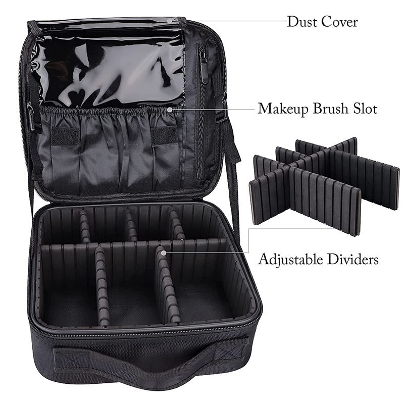 The UNIQ makeup travel bag in black features a transparent dust cover, elastic brush slots, a spacious main section with adjustable dividers, and extra dividers shown separately—ideal as a toiletry or cosmetic bag.