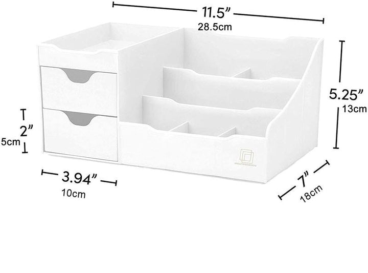 The UNIQ Organiser for makeup & skincare products in white has 9 compartments and two drawers, keeping your space tidy. It measures 28.5cm x 18cm x 13cm; drawers are 10cm wide and 5cm tall. Compartments vary in size.