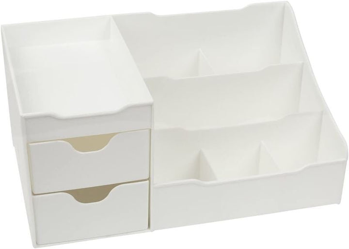 The UNIQ Organiser for makeup & skincare products (White) features 9 compartments, including two small pull-out drawers and multiple open sections—ideal for organising stationery or cosmetics.
