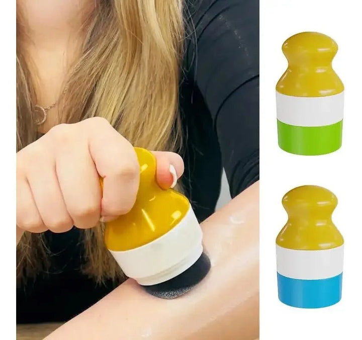 A person uses the yellow-white UNIQ Portable Refillable Sponge Roller Applicator (100ml) to apply lotion. The green-white and blue-white color variations of this UNIQ sunscreen & lotion applicator are shown on the right.