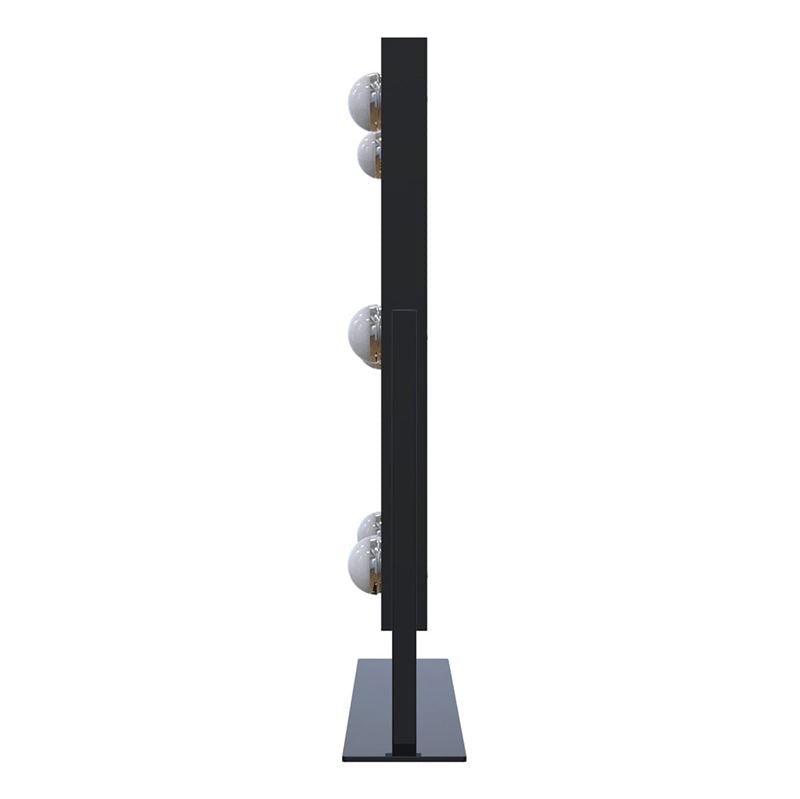 A side view of the UNIQ XL Hollywood Mirror with LED Lights & Touch Control by UNIQ shows its chic black stand and rectangular base, featuring four round bulbs in a straight line for stylish makeup illumination.