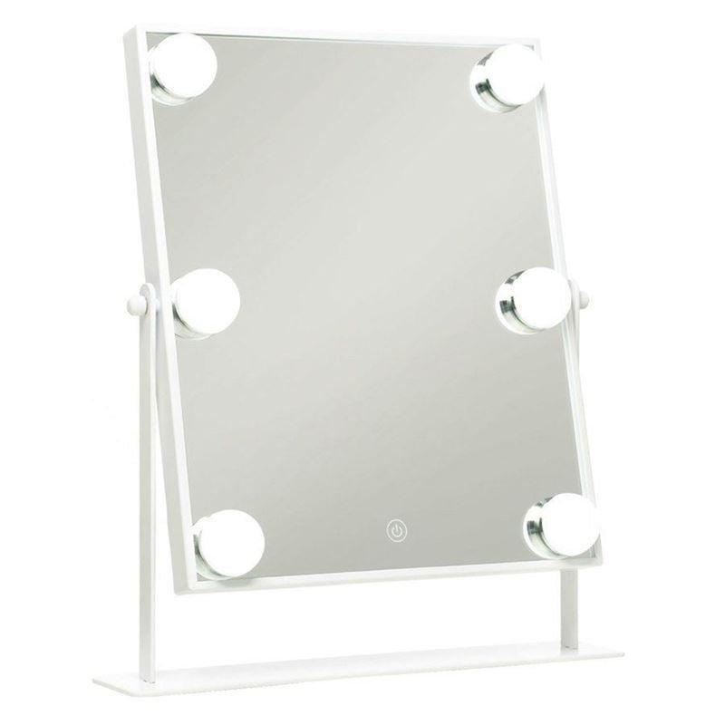 The UNIQ XL Hollywood make-up mirror by UNIQ features a white frame, six LED bulbs, and a touch power button at the bottom center for easy control.