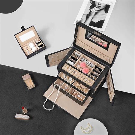 UNIQ XL Leather jewellery box with 20 compartments and lock - Black - Jewelry Box