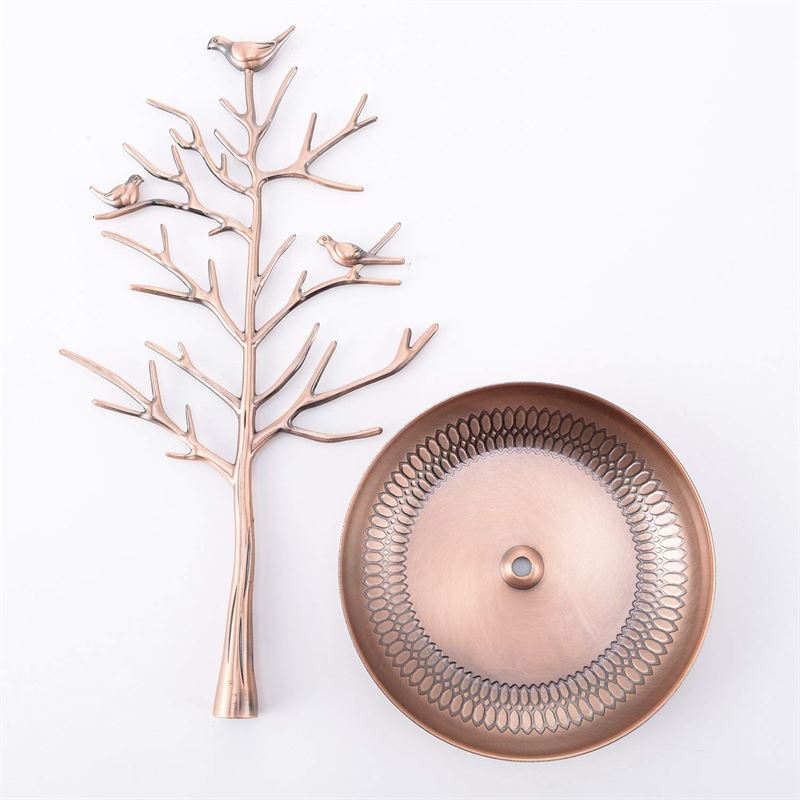The UNIQ Bronze Vintage Jewelry Tree with 3 Birds is paired with a round, textured-rim bronze jewelry organizer dish, both displayed elegantly on a white background.